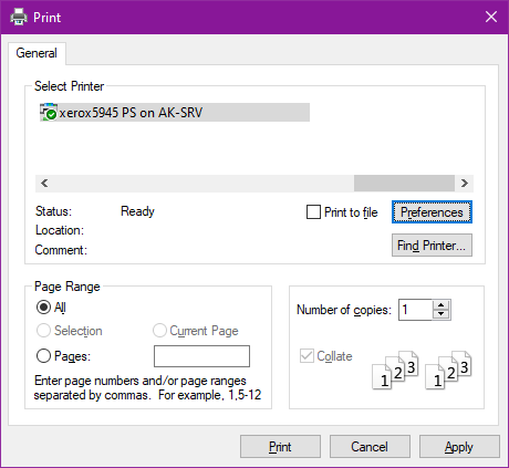 Windows's print dialog, with the "Preferences" button focused