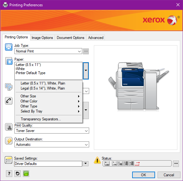 Xerox tray select option