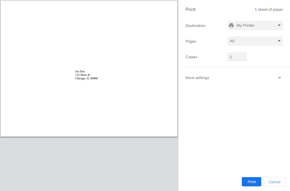 Chrome print dialog showing a preview of a letter size paper